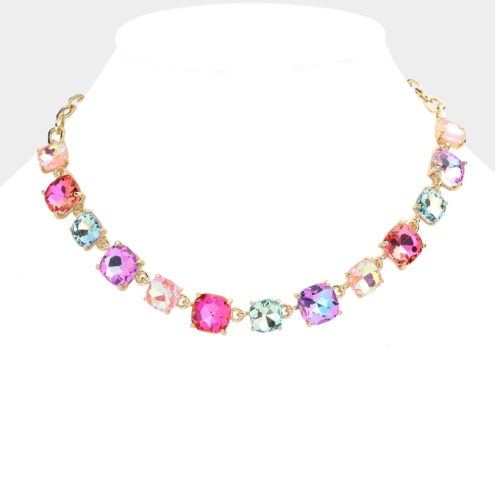 Colorful Square Stone Link Crystal Necklace Chain Evening